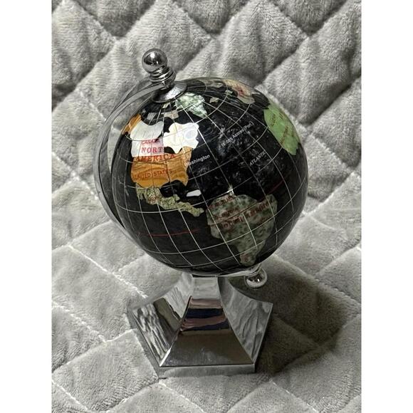 Other - Rotating Globe 5.25” Paperweight Semi Precious Stone Inlays Silver Toned Metal